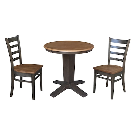 International Concepts 30 in. Solid Wood Round Top Pedestal Dining Table with 2 Chairs in Washed/Coal K45-30RT-23B-C617-2